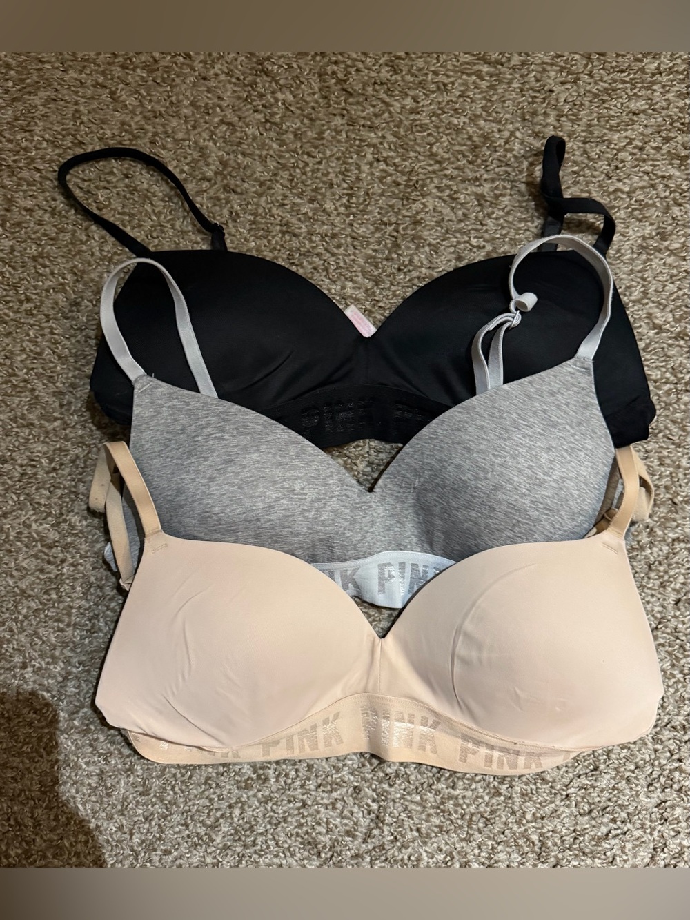 PINK Victoria's Secret 3-Pack T-Shirt Bras – Black, Heather Gray, Nude